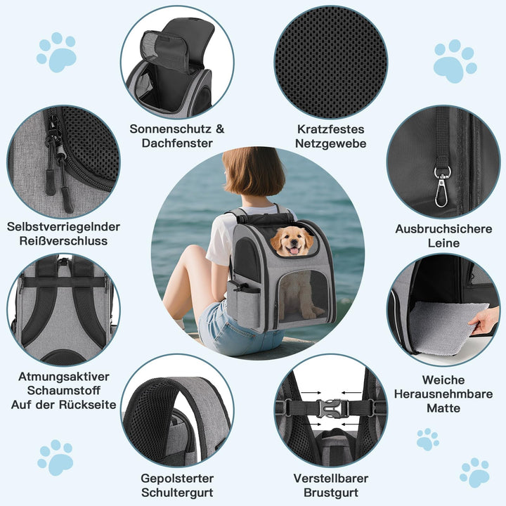 Haustier-Rucksack Oxford bis 10 kg für Hund und Katze Grau - Bild 4