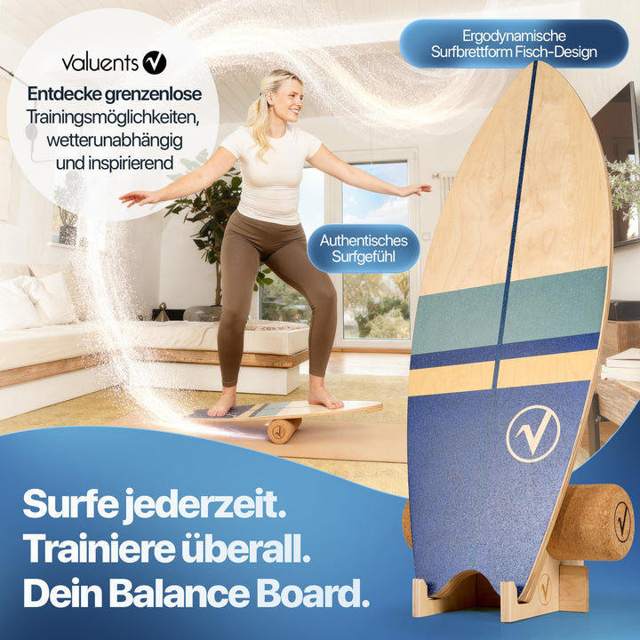 Balance Board Holz Surfboard-Form mit Korkrolle, Halterung &amp; Ball - Bild 2