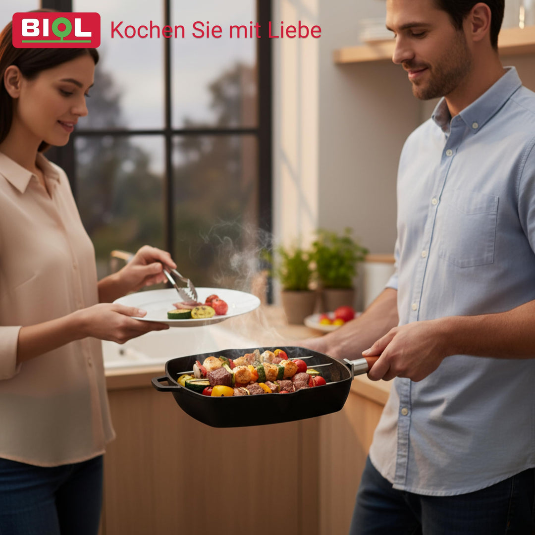 Grillpfanne Gusseisen emailliert 26x26 cm mit abnehmbarem Holzgriff - Bild 8
