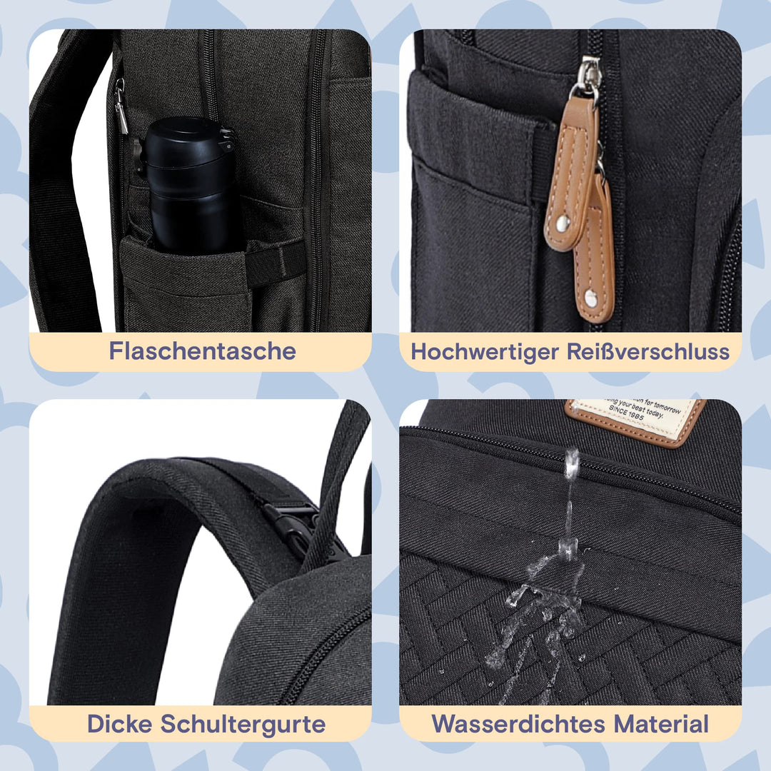 Wickelrucksack mit Wickelauflage und 18 Taschen, wasserfest, Schwarz - Bild 7