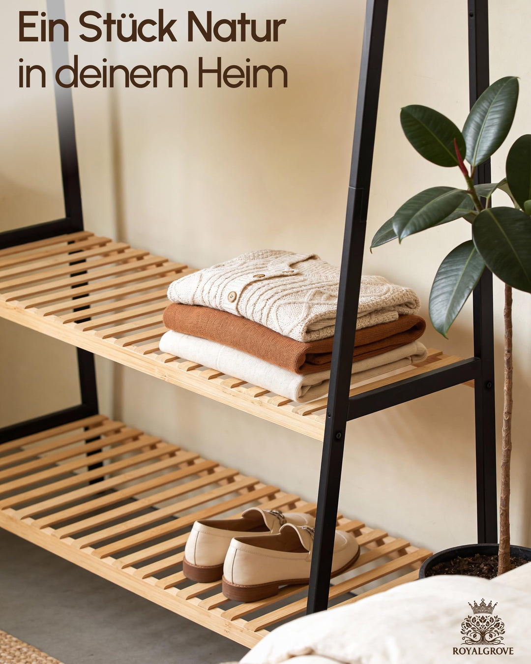 Kleiderständer Bambus Schwarz mit 2 Ablagen 160x80x44 cm - Bild 5