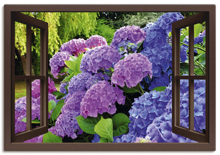 Leinwandbild Hortensien Fensterblick Garten auf Holzrahmen