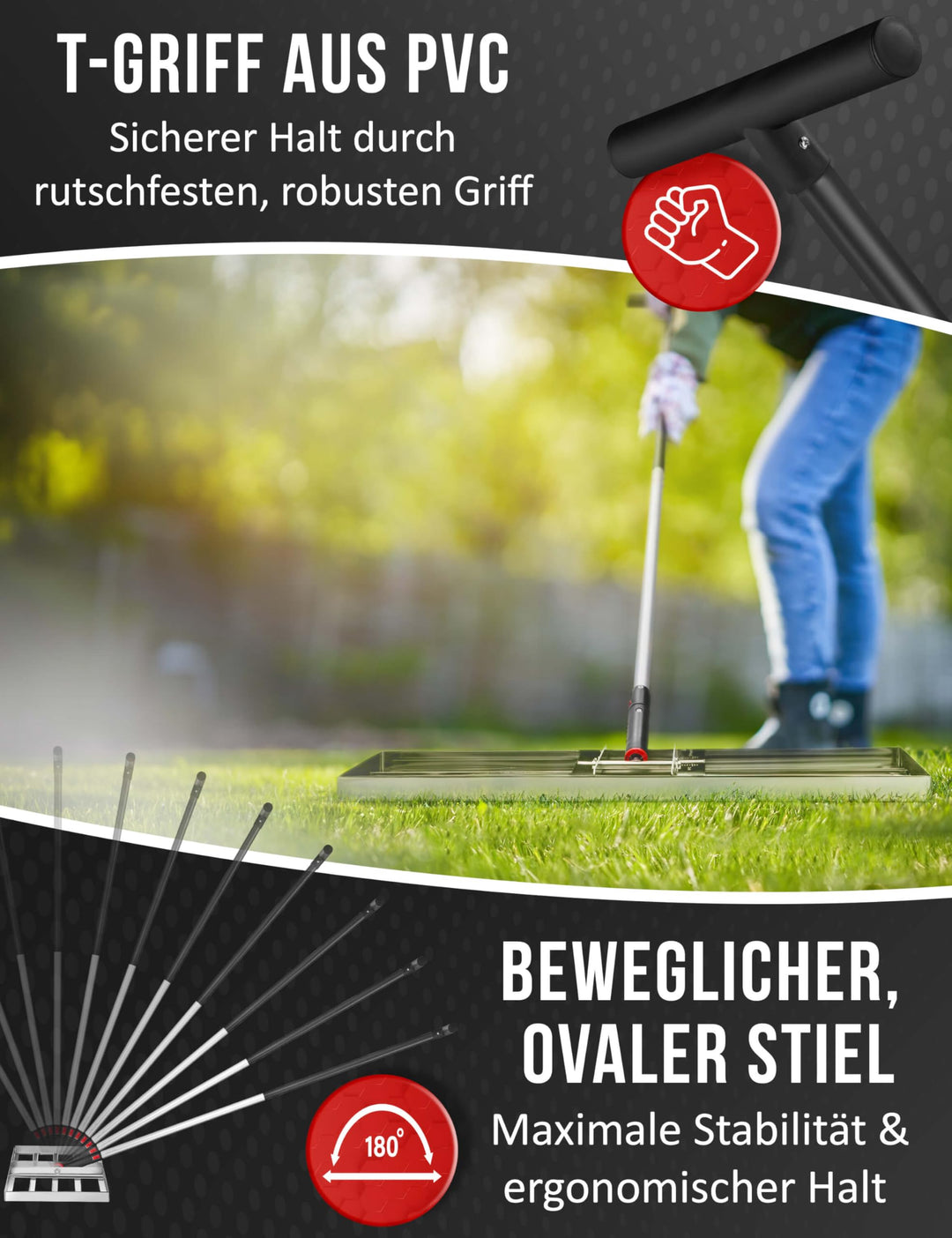 Nivellierrechen Edelstahl 75x35 cm mit Aluminiumstiel für Rasen - Bild 5