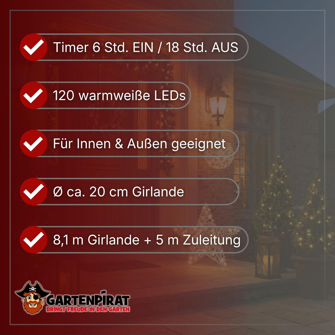 LED Tannengirlande künstlich 8,1 m 120 LEDs warmweiss IP44 Timer - Bild 7