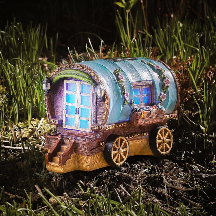 Solar Feenhaus Garten LED Deko Kunstharz wetterfest Zigeunerwagen