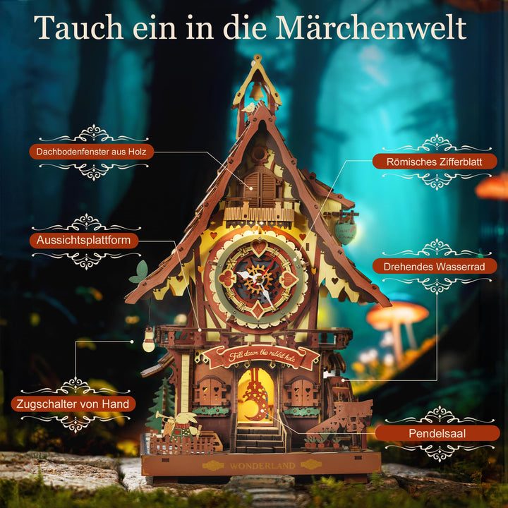 3D Holzpuzzle Kuckucksuhr mit Uhrwerk &amp; Licht, 435 Teile - Bild 3
