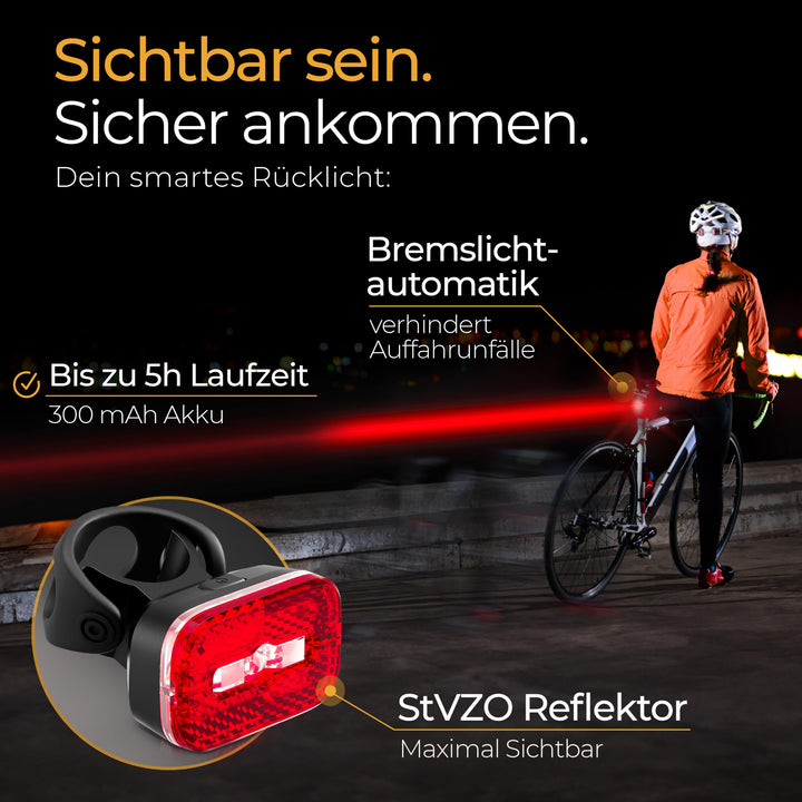 Fahrradlicht Set StVZO 100 Lux mit Bremslicht USB-C aufladbar - Bild 3
