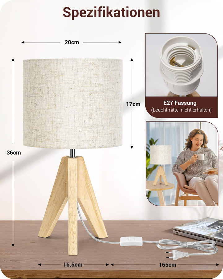 Tischlampe Holz 2er Set Leinen-Lampenschirm Beige 36cm E27 - Bild 4