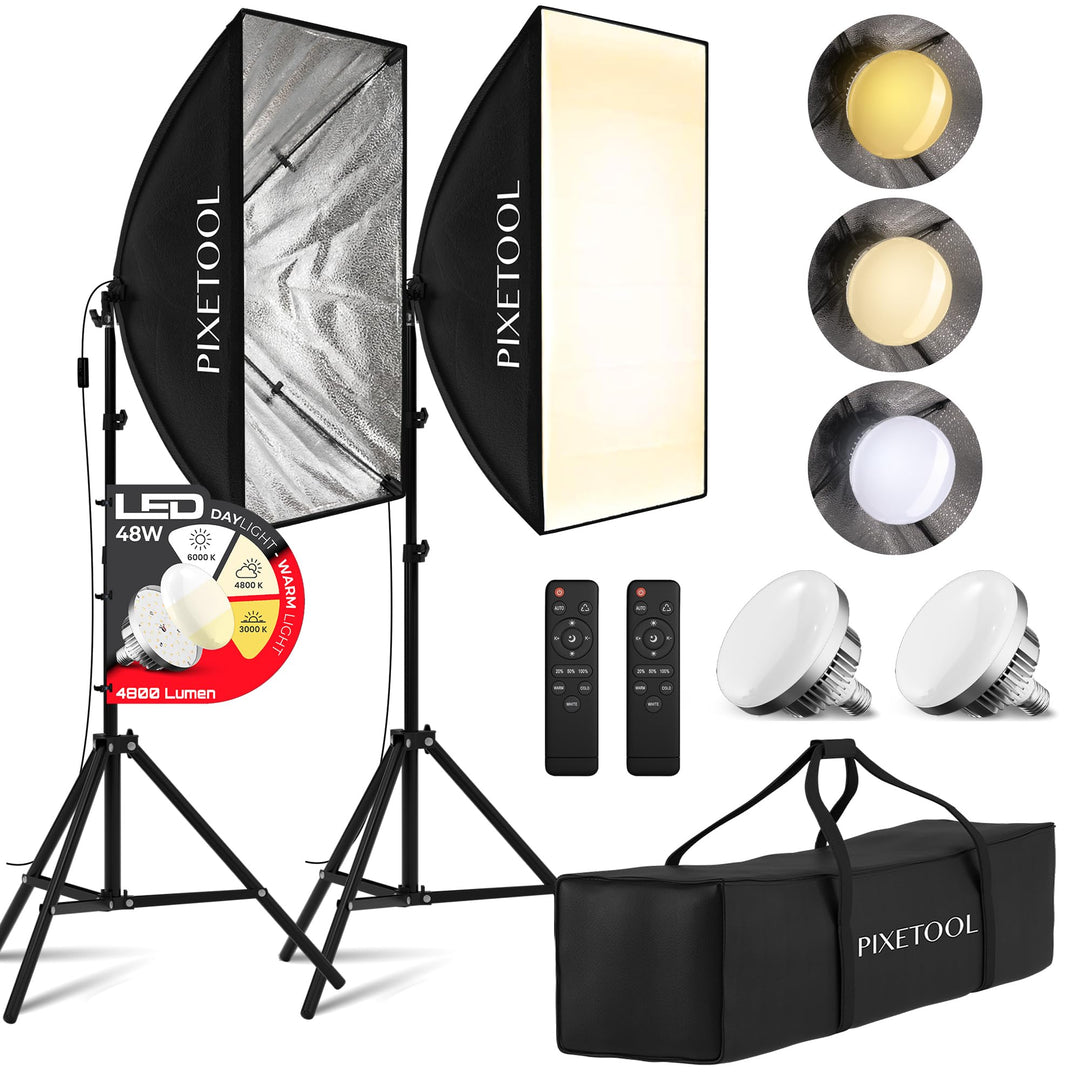 Softbox Set 70x50 cm mit LED 48W dimmbar, 2er Fotostudio
