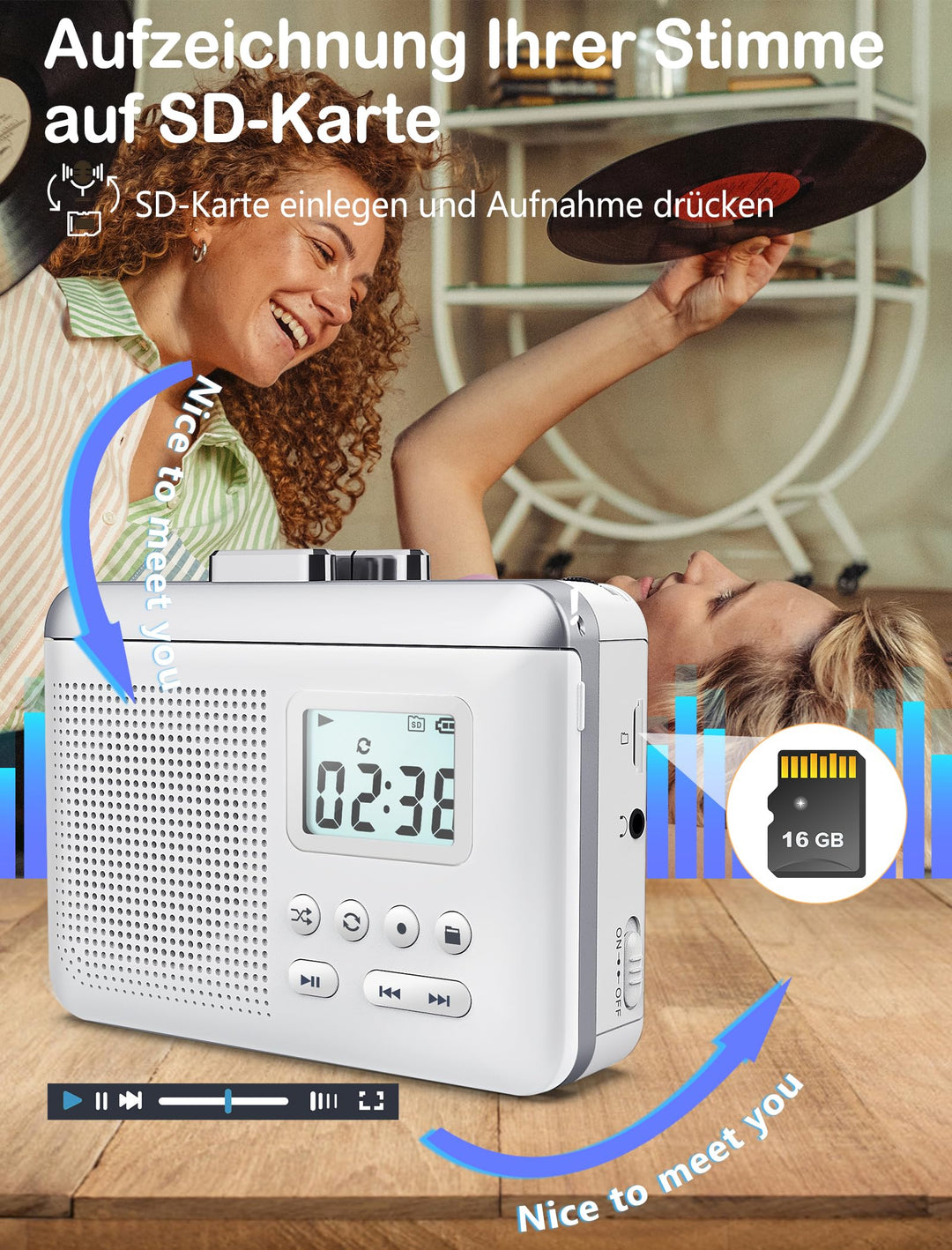 Kassettenspieler tragbar mit MP3-Konverter, SD-Karte &amp; 1000-mAh-Akku - Bild 4