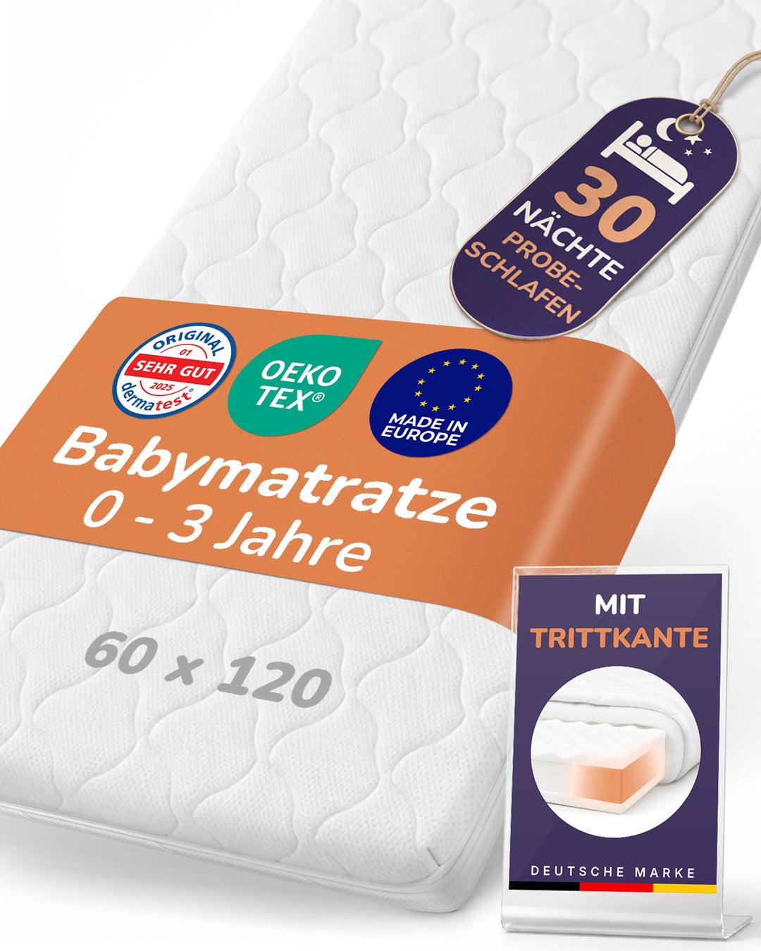 Babymatratze 60x120 cm Kaltschaum mit Trittkante, Oeko-Tex 100