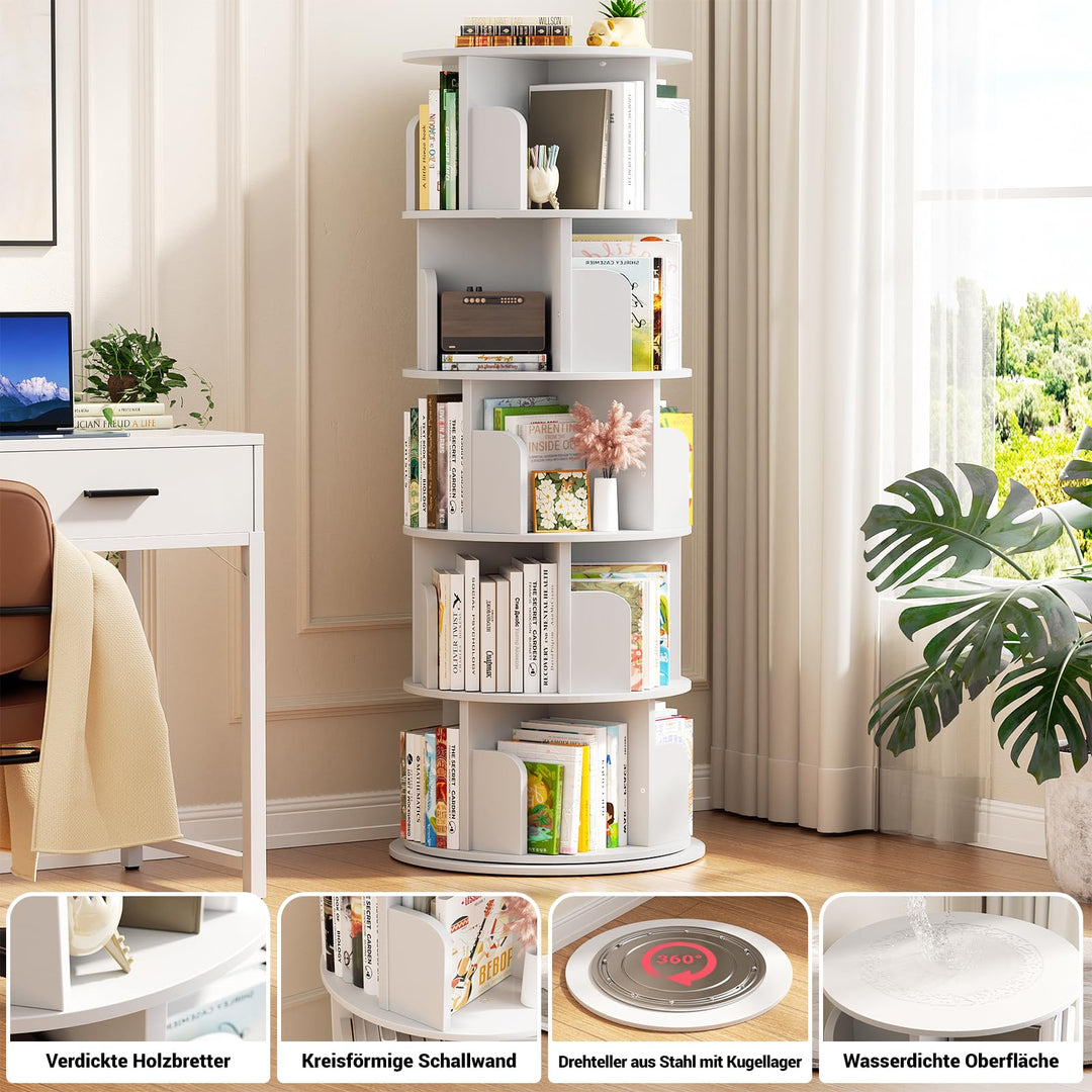 Drehbares Bücherregal 5 Ebenen 360° MDF 24 Fächer Weiss - Bild 4