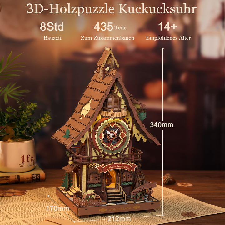 3D Holzpuzzle Kuckucksuhr mit Uhrwerk &amp; Licht, 435 Teile - Bild 6