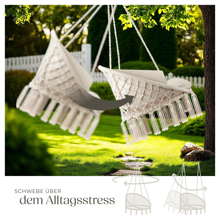 Hängesessel mit Gestell Baumwollgeflecht Boho bis 150 kg beige - Bild 4