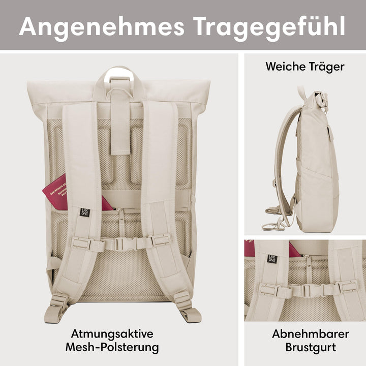 Rolltop Rucksack 16-20 Liter mit Laptopfach wasserabweisend Sand - Bild 4