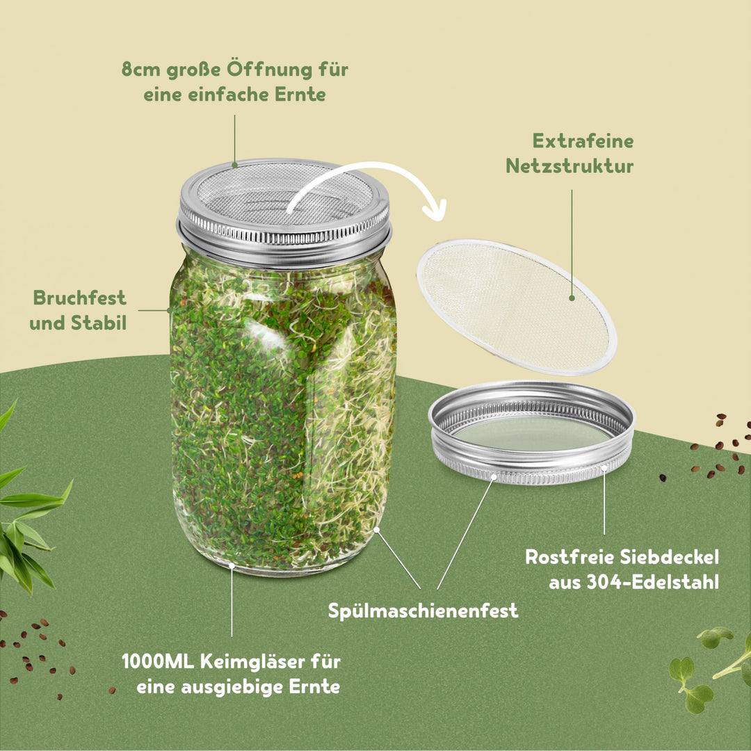 Keimglas Set 1000ml mit Bambushalterung für Sprossen, 2er Set - Bild 3