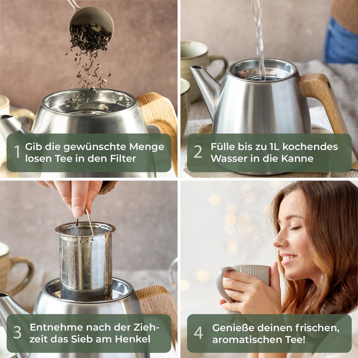Teekanne Doppelwandig 1L Edelstahl mit Eichenholzgriff und Sieb - Bild 5