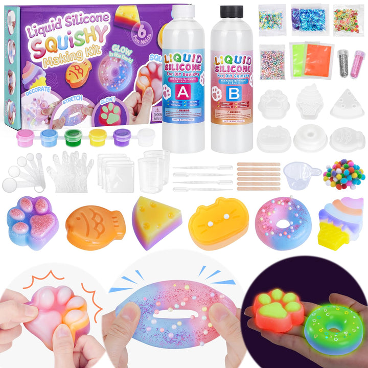 Squishy Bastelset Kinder 480ml Flüssigsilikon mit 6 Formen leuchtend