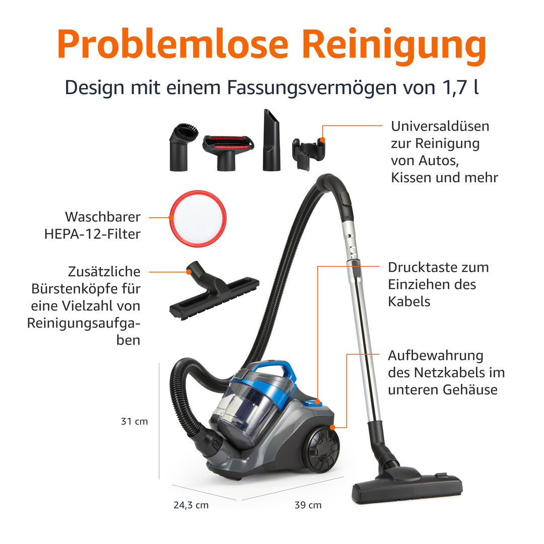 Bodenstaubsauger ohne Beutel 850W HEPA 1.7L für Teppich &amp; Hartboden - Bild 2