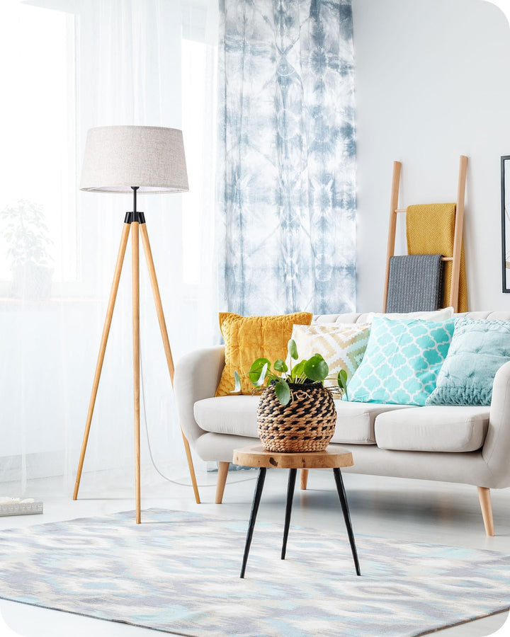 Stehlampe Boho Holzstativ dimmbar mit Leinenschirm &amp; Fernbedienung - Bild 8