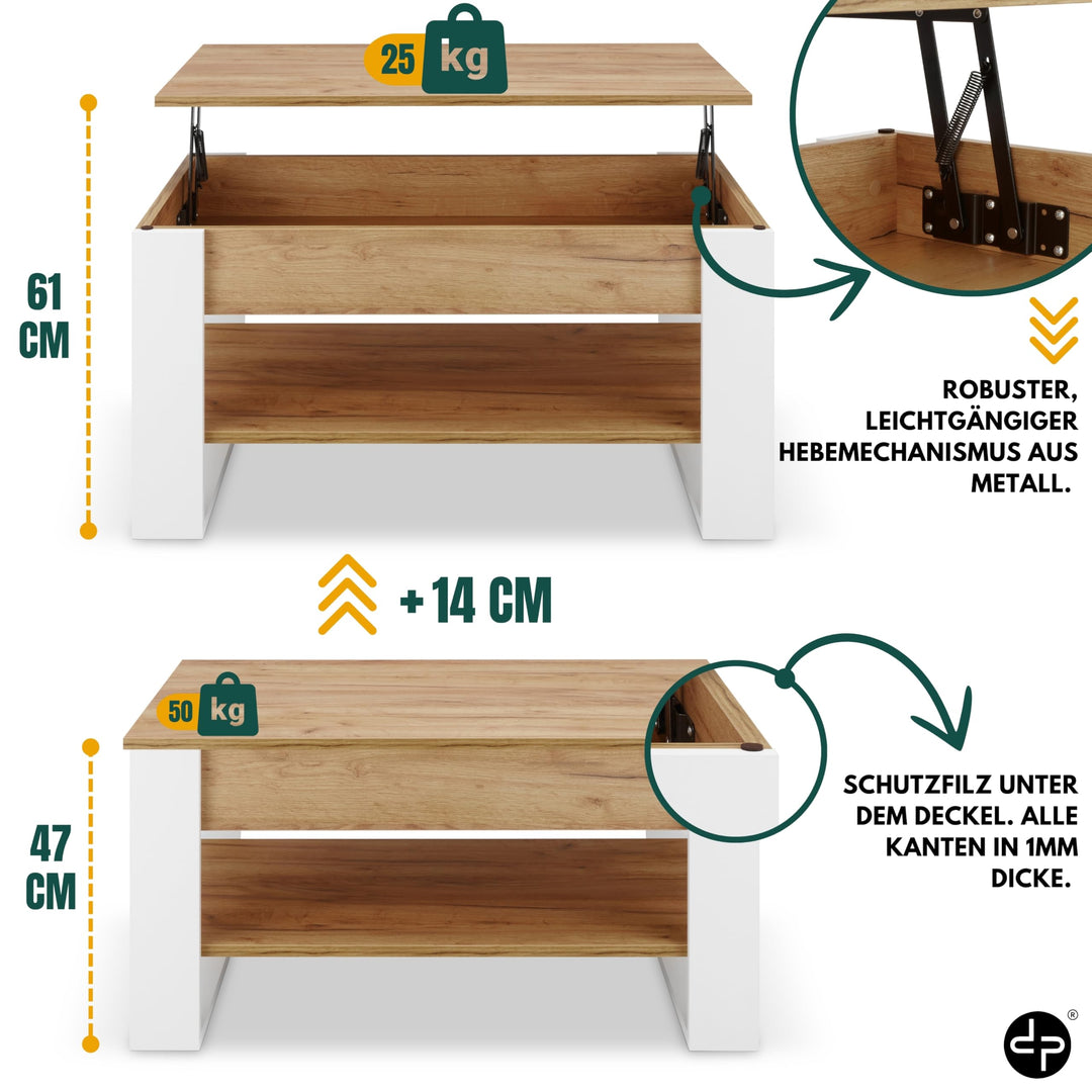 Couchtisch höhenverstellbar mit Stauraum 92x51 cm Weiss-Eiche - Bild 5