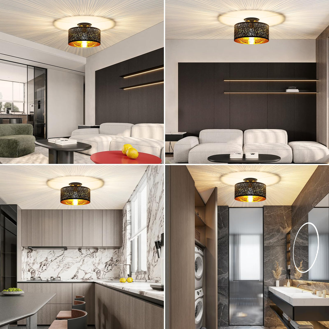 Deckenleuchte Schwarz-Gold Metall Stoff Ø30cm E27 für Wohnzimmer