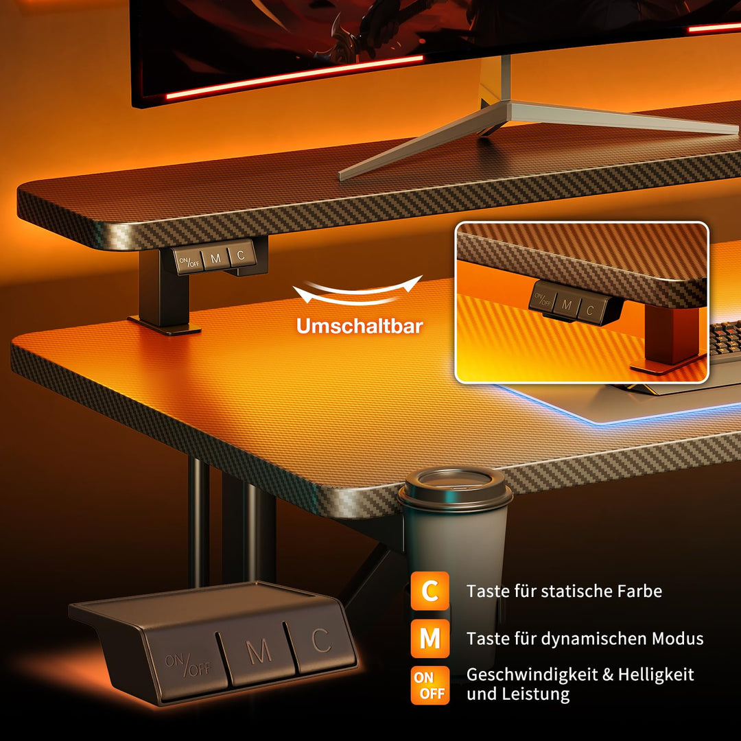 Gaming Schreibtisch mit LED-Lichtleiste 100 cm Carbon-Optik - Bild 6