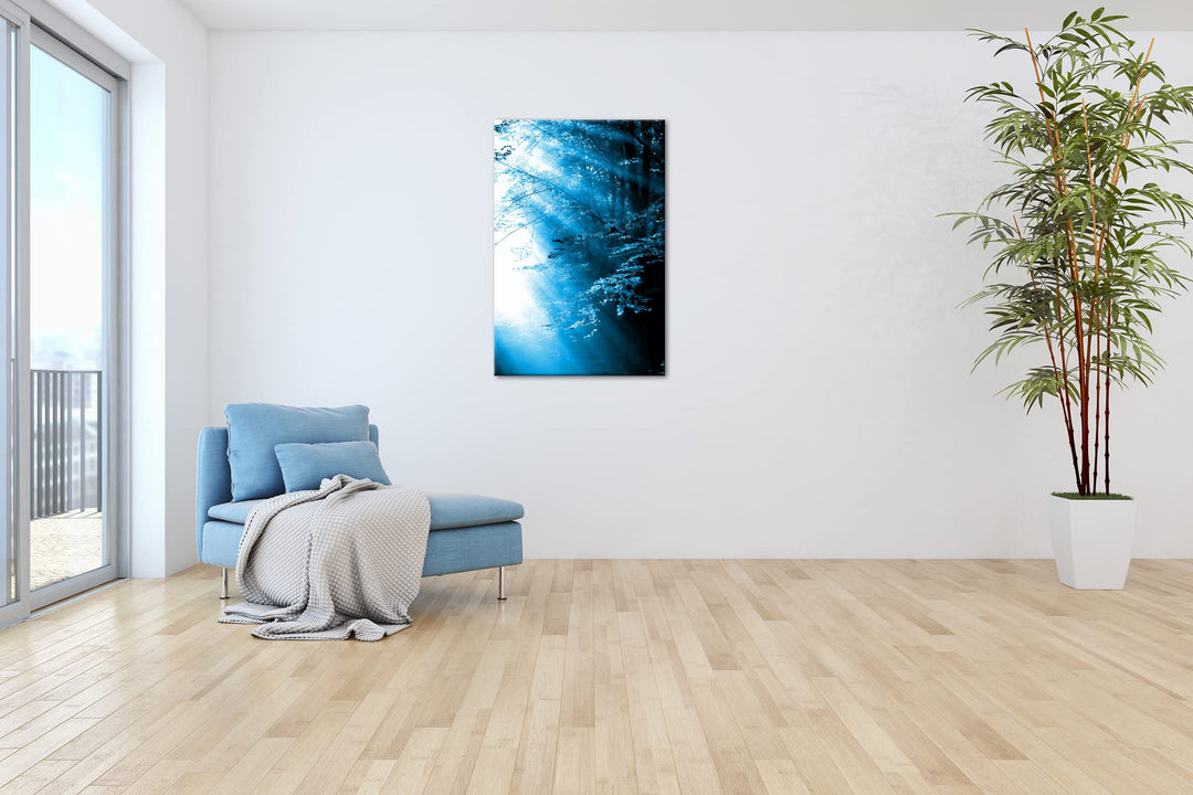 Leinwandbild Herbstwald Sonnenstrahlen Monochrom Blau 80x60 cm - Bild 4