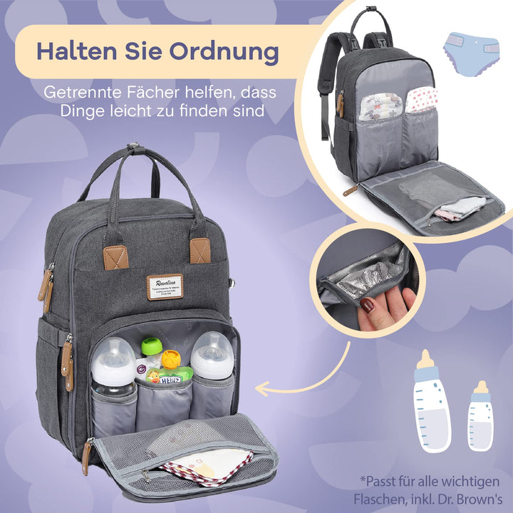 Wickelrucksack mit Wickelunterlage &amp; 18 Taschen, dunkelgrau - Bild 3