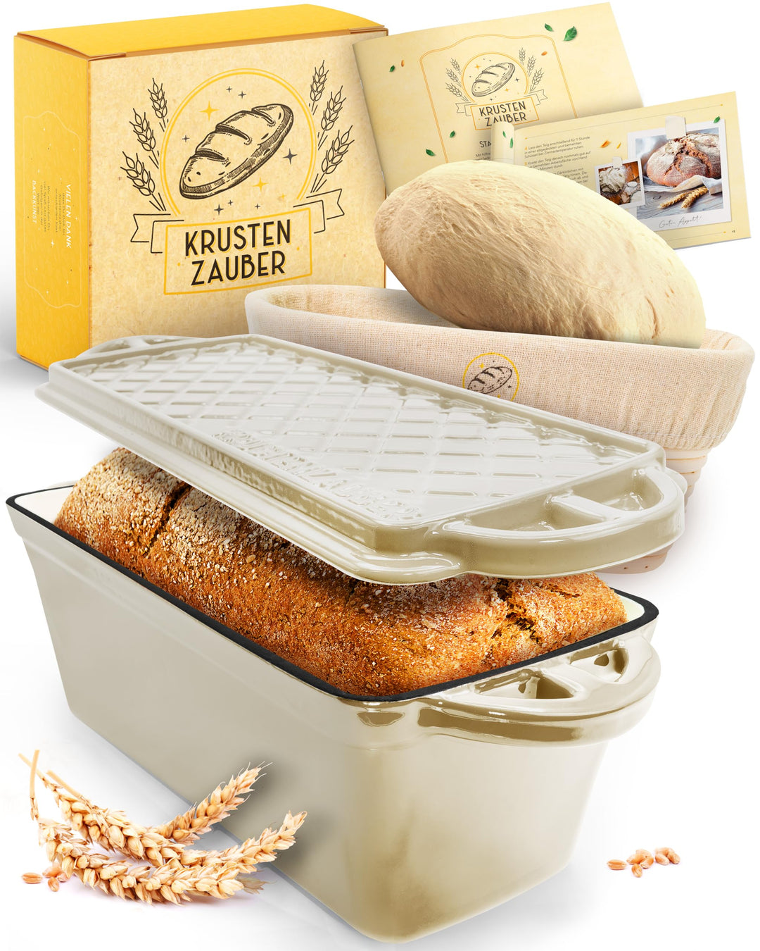Brotbackform Gusseisen mit Deckel und Gärkörbchen Emaille Kastenform