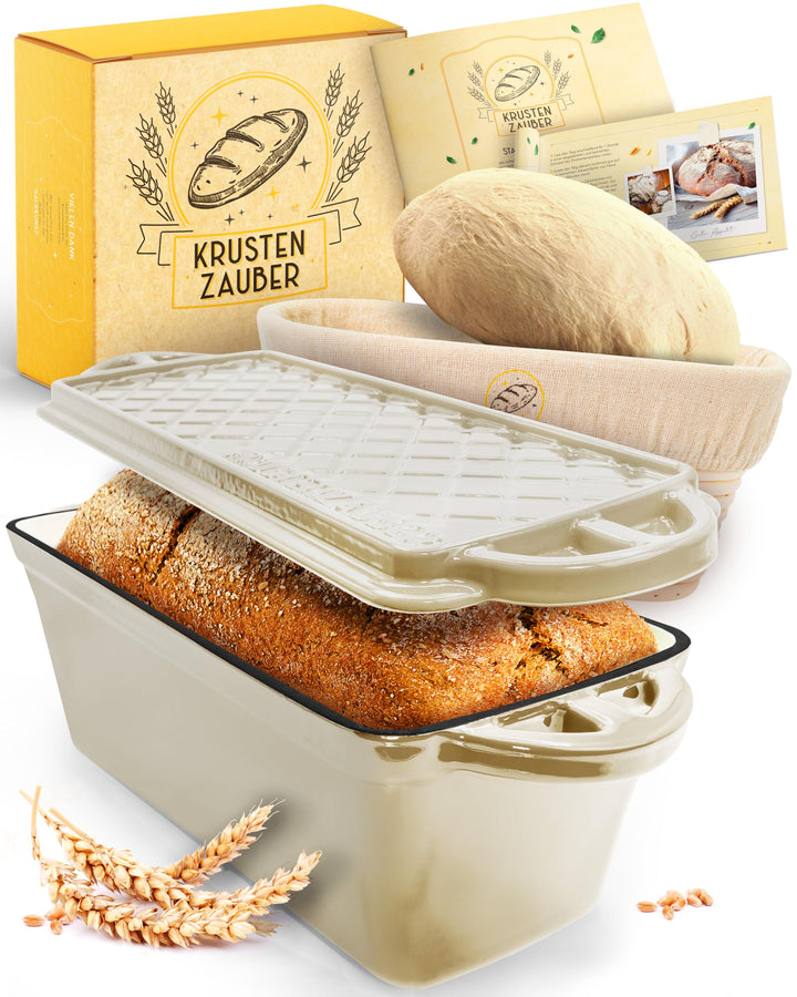 Brotbackform Gusseisen mit Deckel und Gärkörbchen Emaille Kastenform