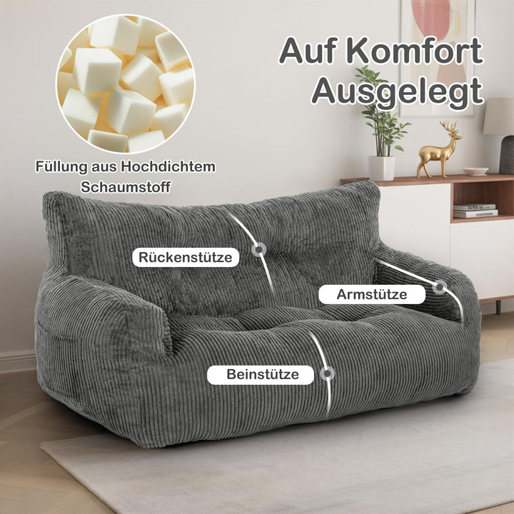 Sitzsack Lounge Sessel Kord Grau mit Armlehnen für Erwachsene - Bild 3