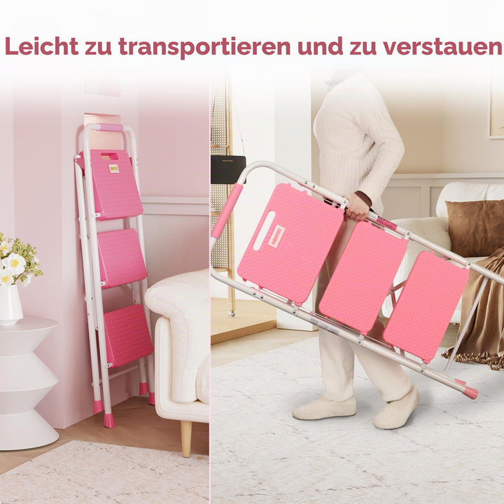 Trittleiter 3 Stufen klappbar Stahl 150 kg rosa mit Antirutsch - Bild 7