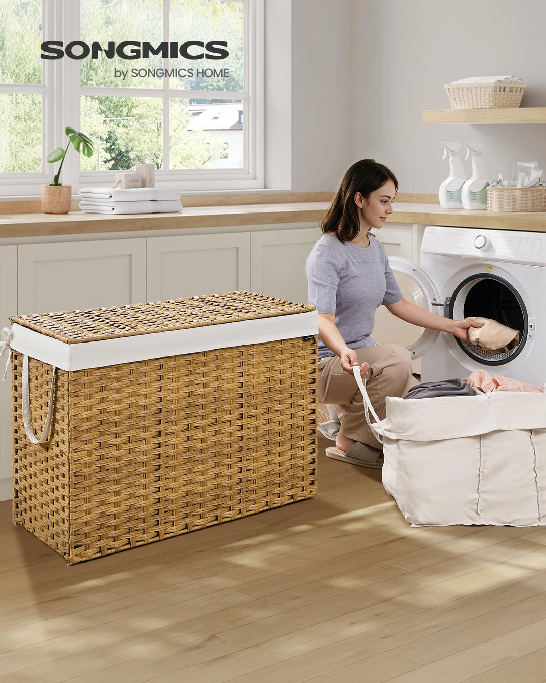 Wäschekorb mit Deckel 200 L faltbar Rattan-Optik schmal - Bild 2