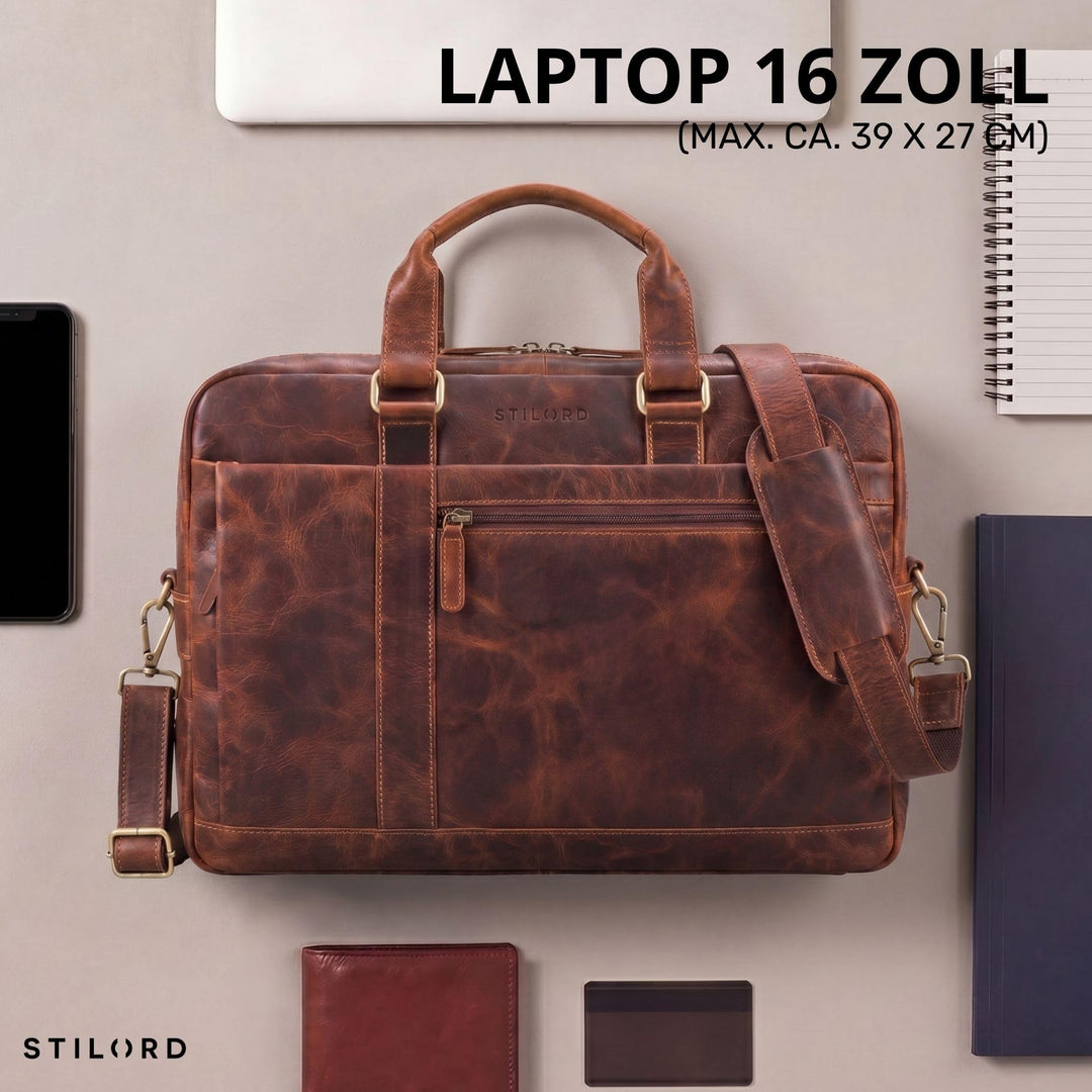Leder Laptoptasche 15.6 Zoll Vintage Umhängetasche Cognac - Bild 3