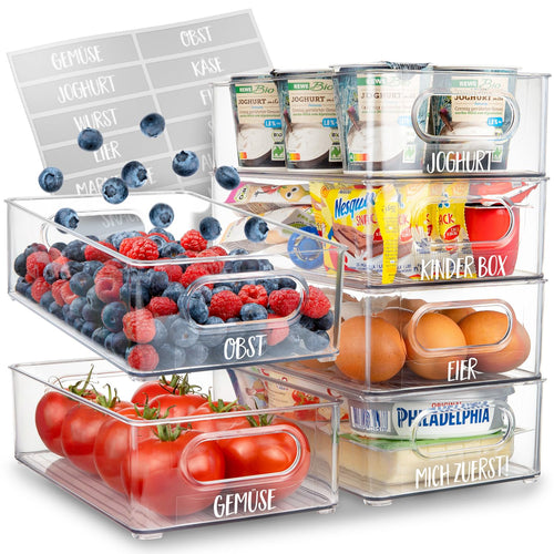 Kühlschrank Organizer 6er-Set transparent stapelbar BPA-frei mit Aufkleber