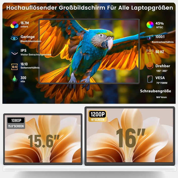 Tragbarer Monitor 16 Zoll Full HD IPS 360° drehbar VESA - Bild 2