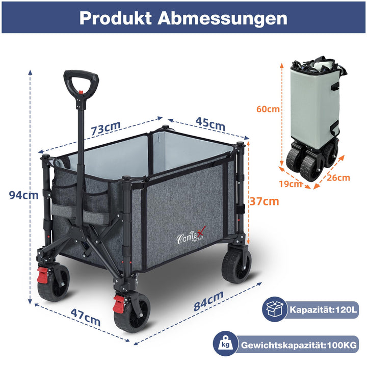 Bollerwagen faltbar 120L 100kg mit Bremsen und 360°-Rädern - Bild 2