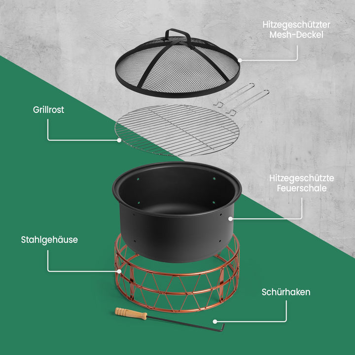 Feuerschale mit Grillrost und Funkenschutz Ø 54 cm Stahl Kupferdesign - Bild 7