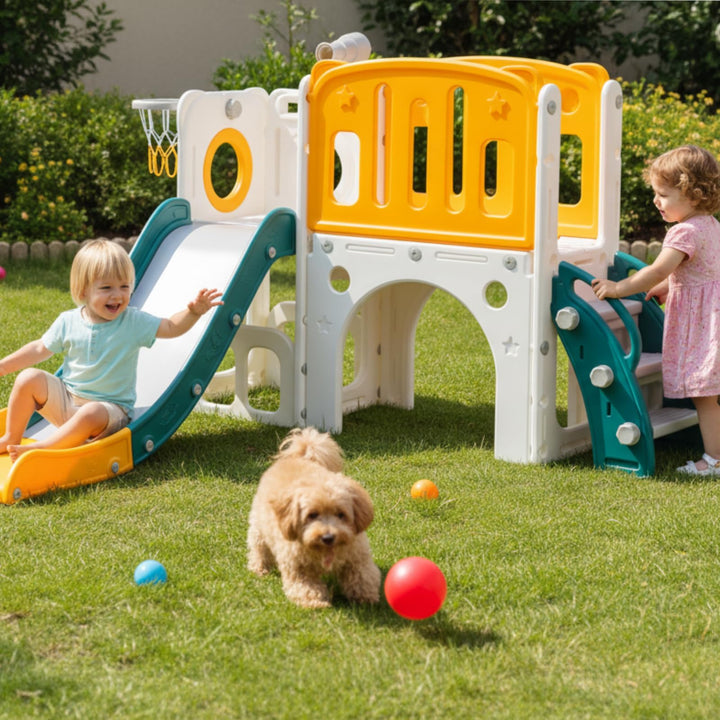 Kinderrutsche mit Tunnel, Plattform &amp; Basketball Indoor Outdoor Grün - Bild 9