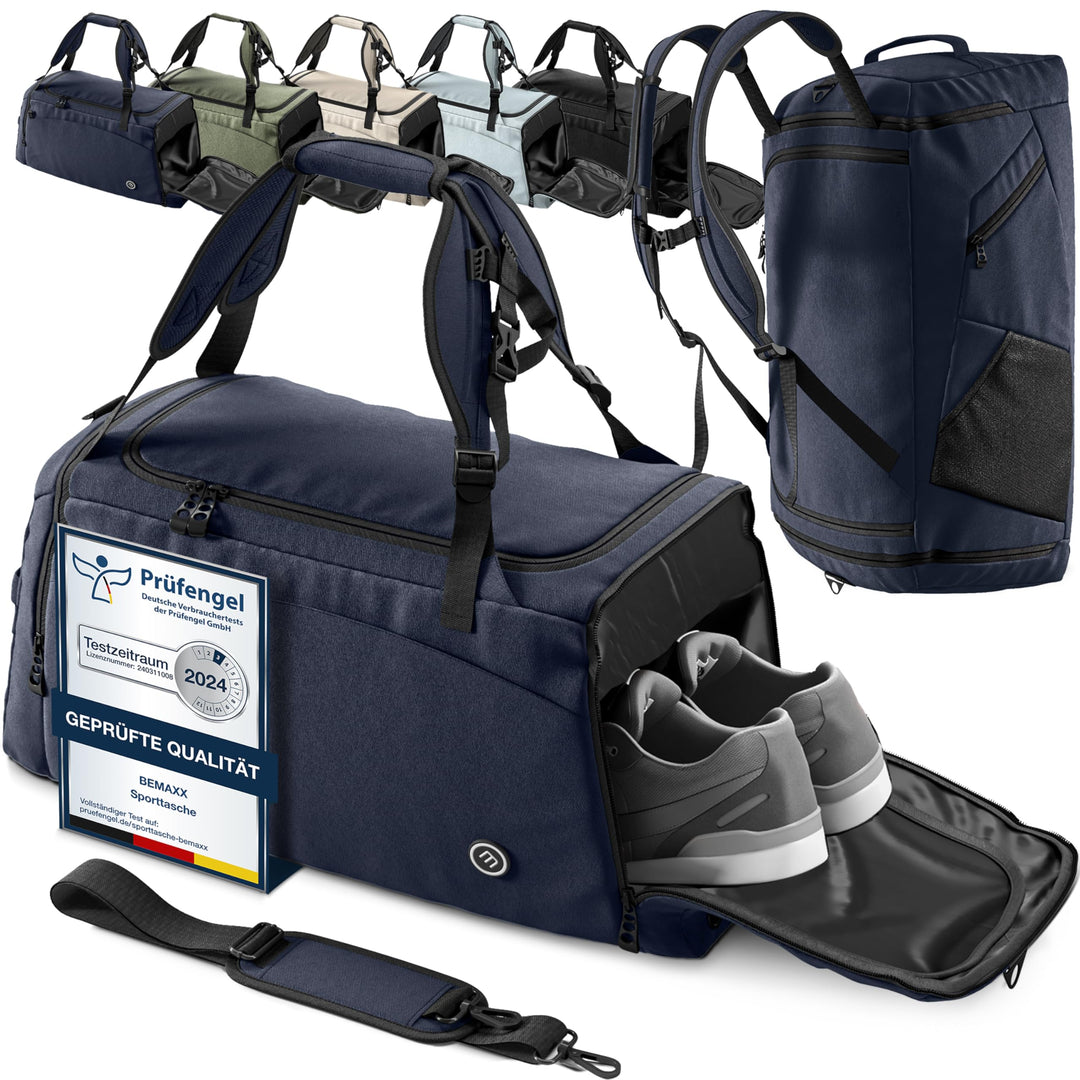 Sporttasche 40 L mit Rucksackfunktion, Schuh- und Nassfach, Blau
