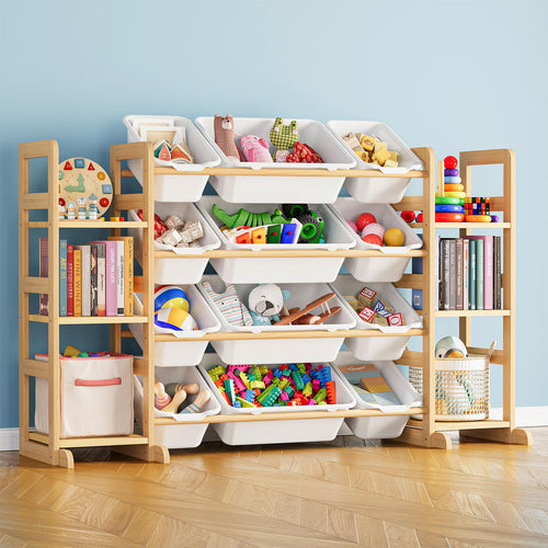 Kinderregal mit 12 Boxen Kiefernholz 132x81 cm Spielzeugaufbewahrung
