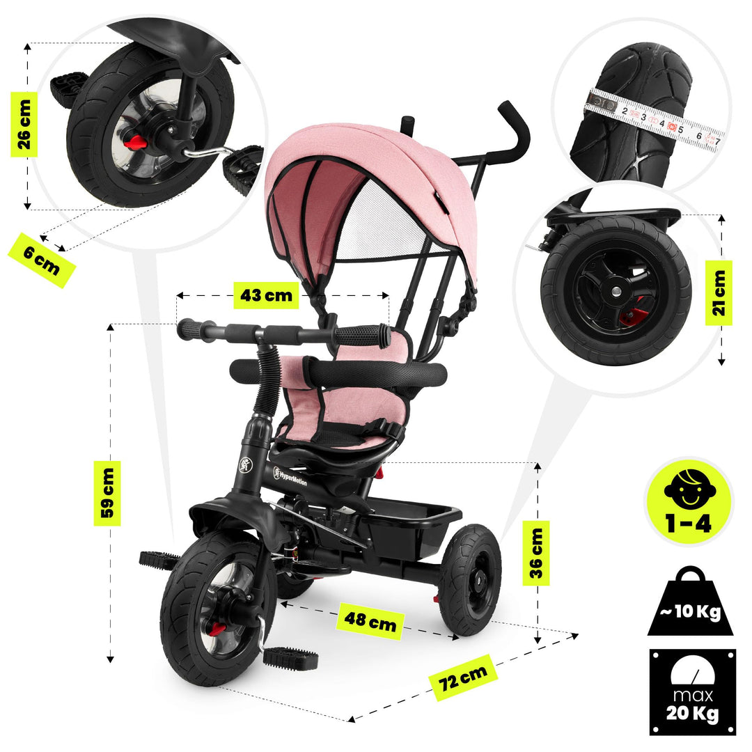Dreirad mit Schubstange 3-in-1 mitwachsend Rosa 1-4 Jahre - Bild 9