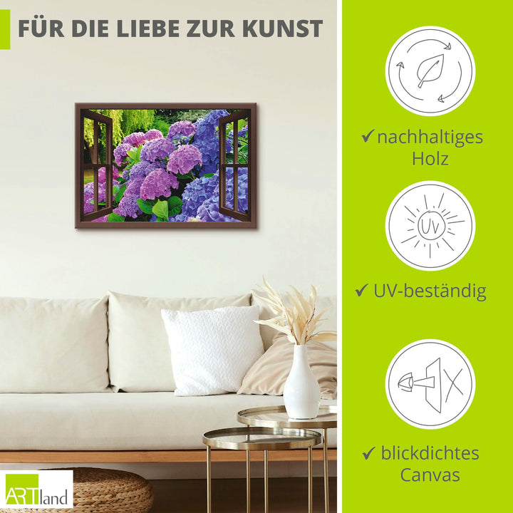 Leinwandbild Hortensien Fensterblick Garten auf Holzrahmen - Bild 2