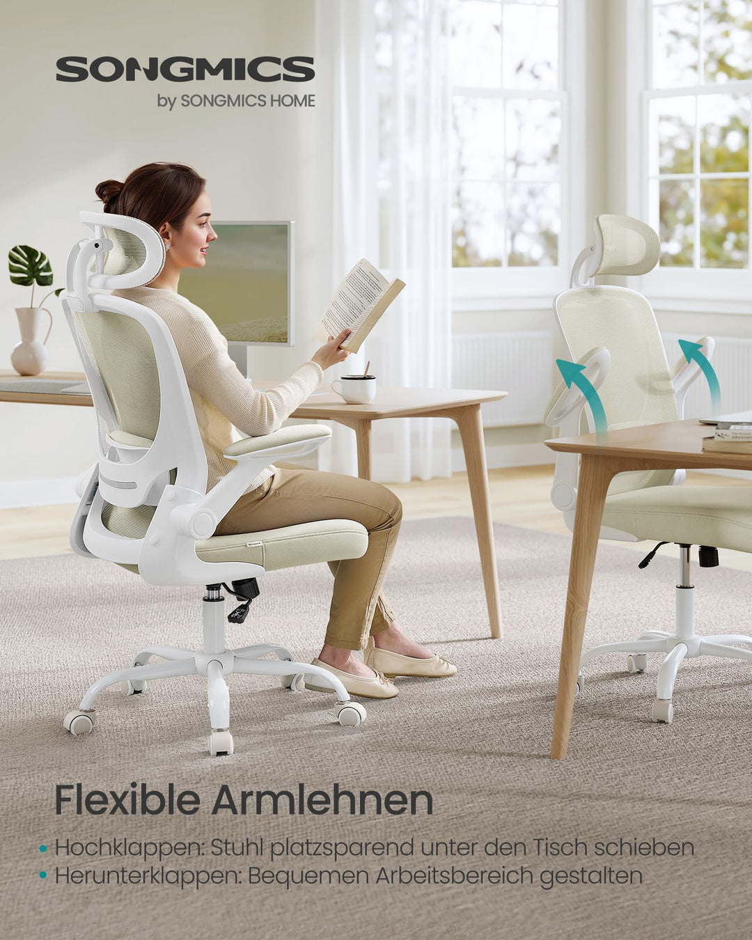 Bürostuhl ergonomisch Mesh Kopfstütze klappbare Armlehnen 120 kg - Bild 6