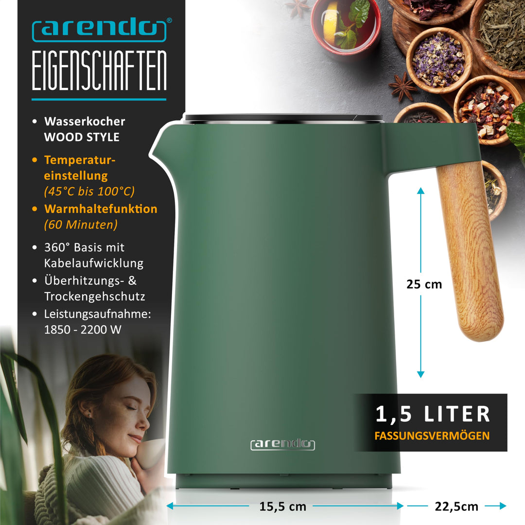 Wasserkocher Edelstahl 1,5 L Doppelwand 7 Temperaturstufen 45–100°C - Bild 2