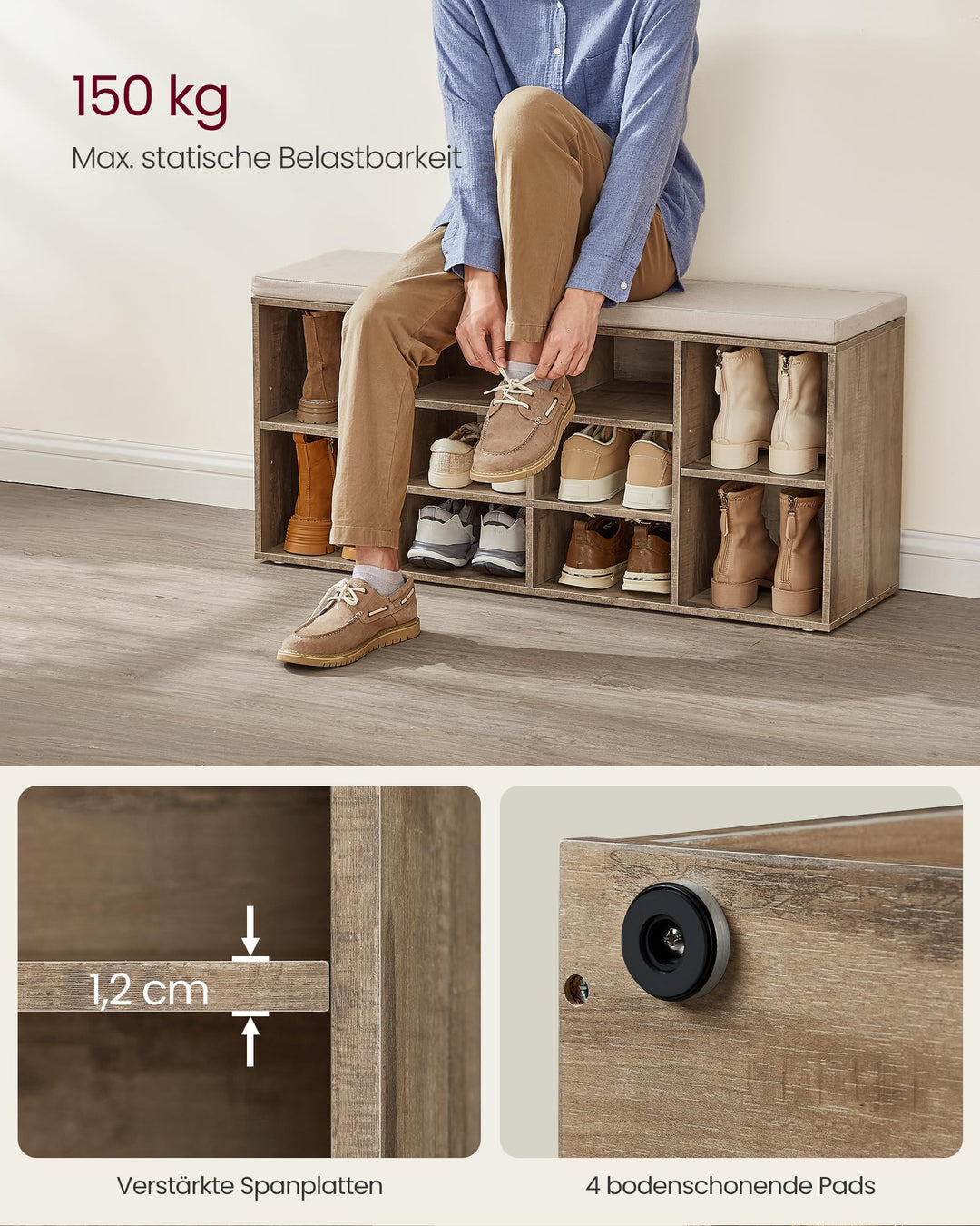 Schuhbank mit Polster 10 Fächer Holz 104 cm Flur Eingang - Bild 4
