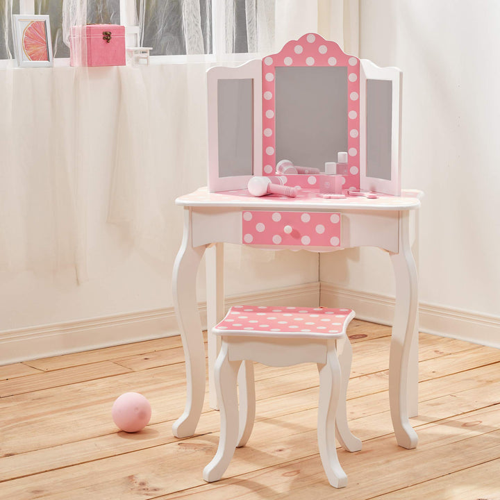 Kinder-Schminktisch mit Klappspiegel und Hocker Rosa-Weiss - Bild 3