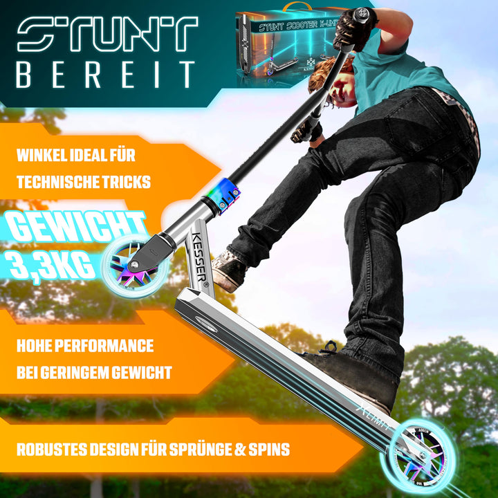 Stunt Scooter 360° Lenkung Aluminium 110mm PU-Räder ABEC-9 mit Ständer - Bild 4