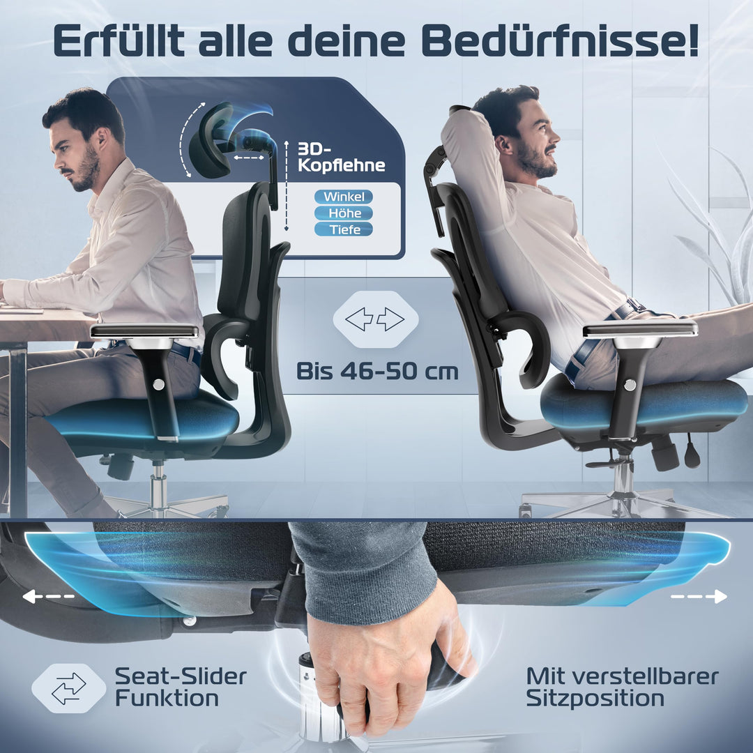 Bürostuhl Ergonomisch Mesh 4D-Armlehnen Lendenwirbelstütze 150kg - Bild 3